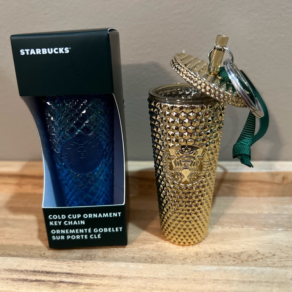 Blue Starbucks miniature cold cup ornament key chain.